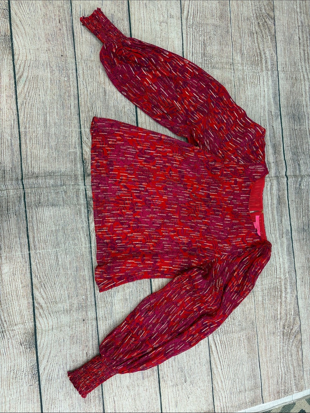Lilly Pulitzer Red and Pink Metallic Accent Puff Sleeve Top
